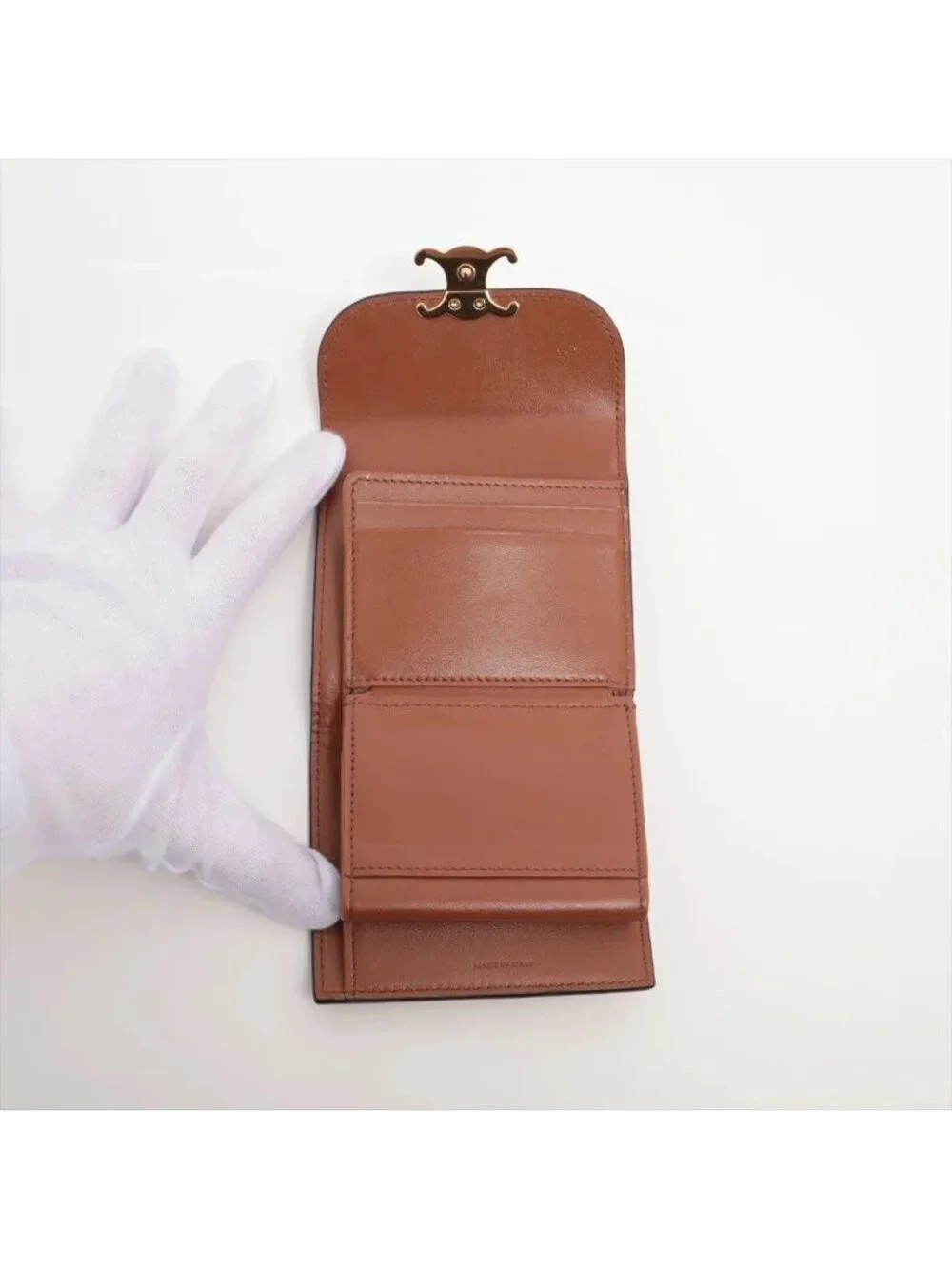 Celine Triomphe Small Flap Wallet Leather Trifold Brown Gold